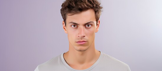 Poster - Copy space image of a confident young American man in a light lilac t shirt captured in a close up portrait on a white background