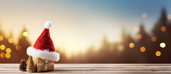 Poster - A festive Santa hat adorned with Christmas decorations sits on a wooden board creating the perfect copy space image