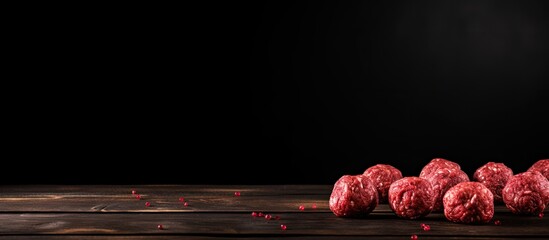 Poster - Copy space image of fresh raw beef meatballs placed on a black wooden table background invitingly providing room for text