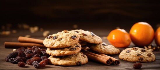 Fototapete - On a wooden table a brown mask of homemade oatmeal cookies with raisins is displayed creating a copy space for text