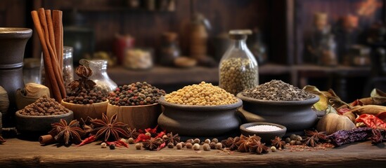 Poster - A variety of spices accompanied by a mortar is placed on a wooden table in the kitchen The image provides ample space for text