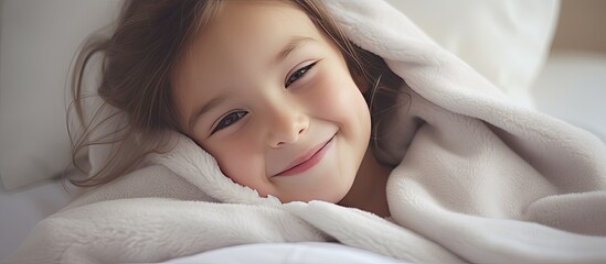 a smiling little girl lies cozily in bed her head covered with a blanket creating a cute and serene 