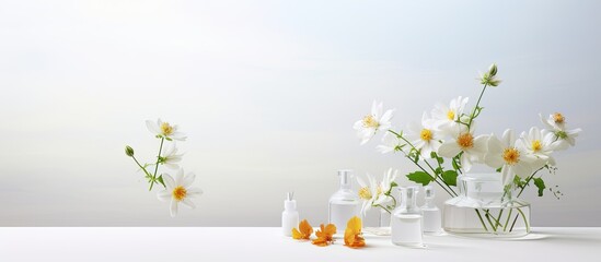 Poster - A white table adorned with cosmetic oil laboratory dishware and flowers providing ample space for adding text