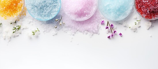 Aufkleber - Top view of a composition with bath salts on a white background creating a captivating spa treatment image with ample copy space