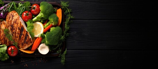 Poster - A top down view of a healthy meal consisting of chicken breast fresh vegetables and plenty of copy space on a black wooden background