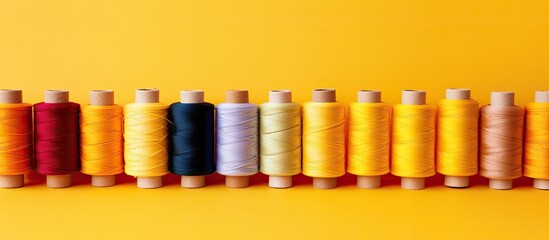 Poster - A vibrant assortment of sewing threads against a yellow backdrop neatly arranged for a copy space image