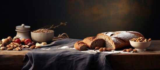 Poster - A rustic slate plate with a hessian table cloth showcasing a delicious copy space image of fresh sourdough bread topped with nuts