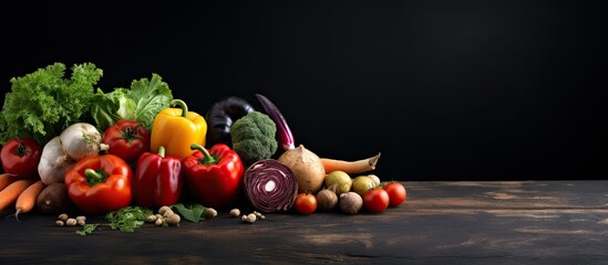 Poster - Copy space image of fresh farmer vegetables on a dark beton table creating a vibrant food background that provides ample room for text