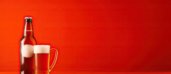 Fototapete - Copy space image of a bottle and beer mug placed on a vibrant red background
