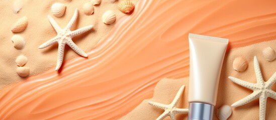 Poster - Flat lay image showing sun protection care with sunscreens and starfish on a coral background with ample copy space