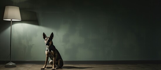 Poster - In a dimly lit room there is a striking dog with captivating mismatched eye colors Ample space is available for copy