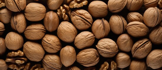 Wall Mural - A visually appealing copy space image showcasing a pile of fresh crispy brown walnuts arranged on a surface as viewed from above