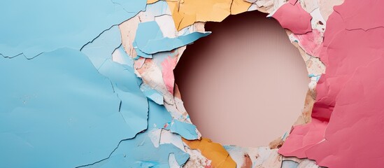 Poster - A round hole is visible in a colored cardboard with torn paper in the background serving as a textured copy space for advertising text