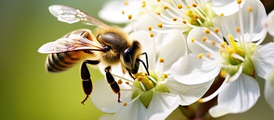 Poster - A bee on a white flower busy gathering pollen and nectar for its hive with copy space image