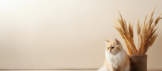Poster - Cute khao manee cat sitting next to spikelets indoors providing a blank space for text Lovely and fluffy pet. with copy space image. Place for adding text or design