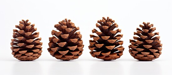 Poster - A front view copy space image of three isolated pinecones each displaying a rich brown color set against a pure white background