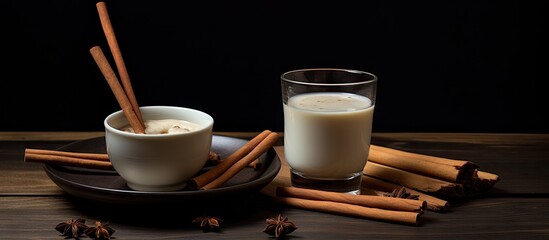Poster - A copy space image of black tea with milk cane sugar cinnamon sticks and a sweet dessert arranged on a wooden table