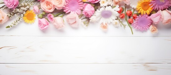 Poster - There is a blurry abstract background with a copy space image showcasing beautiful flowers on a wooden white backdrop