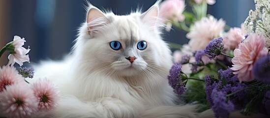 Aufkleber - A British cat with white fur can be seen in the vicinity of some flower bouquets Copy space image