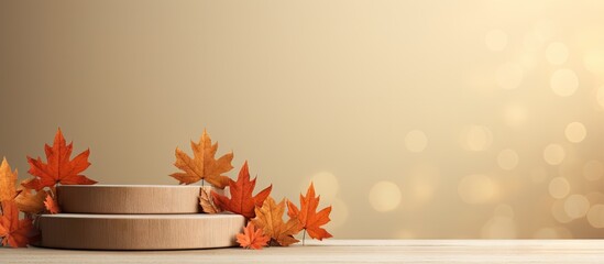 Poster - Beige background with wooden podiums decor and autumn leaves perfect for a fall seasonal copy space image