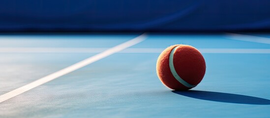 Poster - A copy space image of a blue paddle tennis court with a ball positioned on the lines captured in a close up view