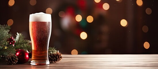 Poster - Christmas themed pint of stout beer with festive decorations suitable for use in promotional materials or as a copy space image