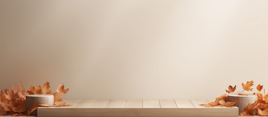Poster - Beige background with wooden podiums decor and autumn leaves perfect for a fall seasonal copy space image