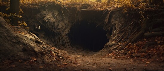 Aufkleber - A tree hollow sits in the path on a crisp autumn day with plenty of space for a captivating image. with copy space image. Place for adding text or design
