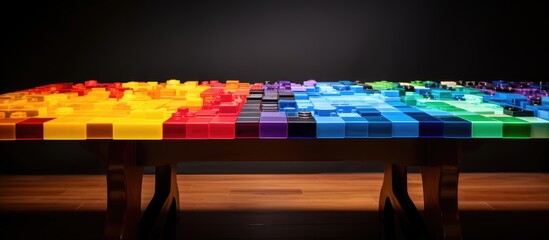 Aufkleber - The table displays an assortment of multi colored plastic bricks offering an eye catching view with ample empty space for creative use copy space image