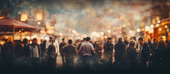 Poster - A festive New Year s Eve celebration at a night market with a blurred abstract background of a crowd of people copy space image