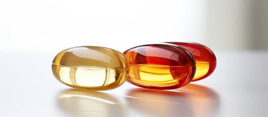 Poster - Close up high resolution copy space image of three Omega 3 capsules isolated on a white background surrounded by a multitude of other capsules on a blurred background This image conveys the concept o