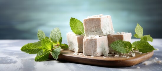 Aufkleber - Closeup copy space image of delicious halva pieces and fresh mint leaves arranged on a light blue wooden table providing ample space for adding text