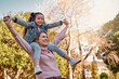 © peopleimages.com - Portrait, child and mom in park for piggyback, playing and bonding together with smile. Happy family, parent or mother with girl outdoor in nature for energy, recreation and physical activity for fun