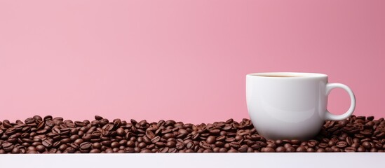 Poster - Coffee beans surround a large white paper cup in a mockup on a pink background providing ample copy space for your text