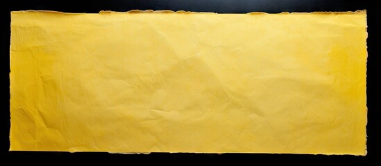 Poster - A close up top view image of a sticker or paper adhesive with a wrinkled and scratched surface It features a blank paper tag or label with a yellow border isolated on a black background providing cop
