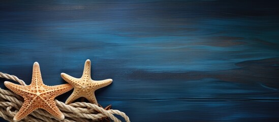 Aufkleber - A dark blue background with starfish and marine rope creates a summer vacation scene that is perfect for a copy space image