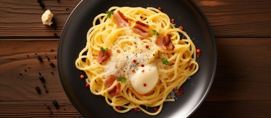 Aufkleber - Top view of a plate with spaghetti carbonara a traditional Italian pasta dish made with a creamy sauce of yolk and parmesan cheese Ample copy space for creative use