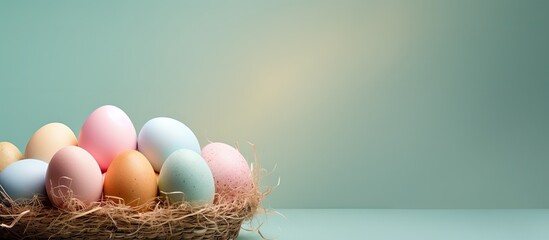 Aufkleber - Pastel colored Easter eggs arranged in a woven basket against a colored background creating a festive holiday concept with ample copy space for customization in the image