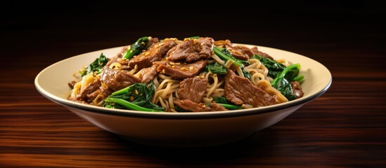 Aufkleber - Copy space image of a delectable Asian dish featuring stir fried beef spinach and rice noodles all expertly combined to create a tantalizing feast
