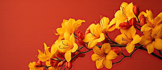 Poster - Autumn leaves of a red azalea contrasting with a vibrant yellow backdrop creating a stunning copy space image