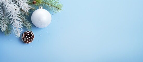 Leinwandbilder - Christmas composition with a snowy fir branch and white bauble on a pastel blue background The image is taken from above with room for text. with copy space image. Place for adding text or design