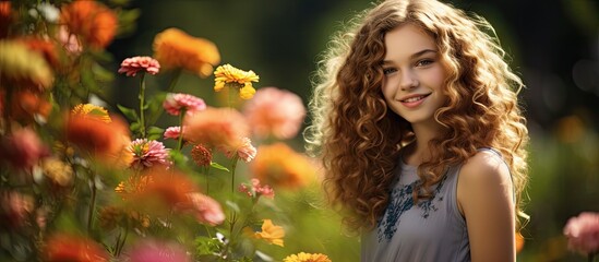 Poster - A charming young girl with curly hair gracefully poses for a photo while strolling amidst vibrant flowers in a natural setting creating an image with ample copy space