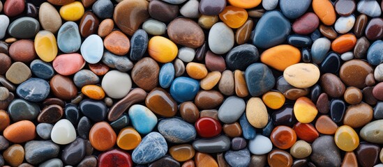 Aufkleber - Close up image of wet colorful pebbles on the beach creating a vibrant and textured background Copy space available