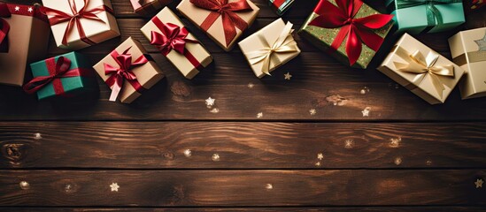 Aufkleber - A top down view of gift boxes surrounded by colorful packages adorned with red and green ribbons The image features a copy space on a wooden table making it suitable for Christmas Valentine s Day or