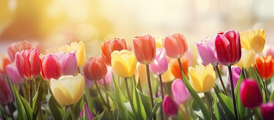 Poster - The garden is filled with vibrant tulip flowers creating a colorful and visually appealing scene Enjoy a lovely day surrounded by this beautiful copy space image