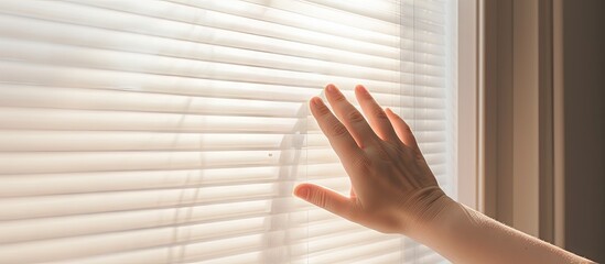 Aufkleber - A hand gracefully rolls up the window blinds creating a perfect frame for a copy space image