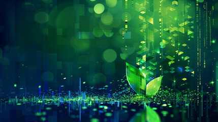 Fototapete - abstract digital green background with lots of light spots and leaves