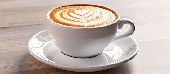 Poster - Isolated on white there is a cappuccino with a heart shape The image includes copy space with a clipping path