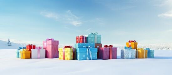 Aufkleber - Colorful presents arranged on the snowy ground with some empty space in the image. with copy space image. Place for adding text or design
