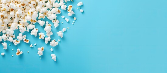 Poster - The blue background is covered in scattered popcorn forming a frame This copy space image is perfect for filming movies TV series and cartoons providing a delicious touch and a top down perspective